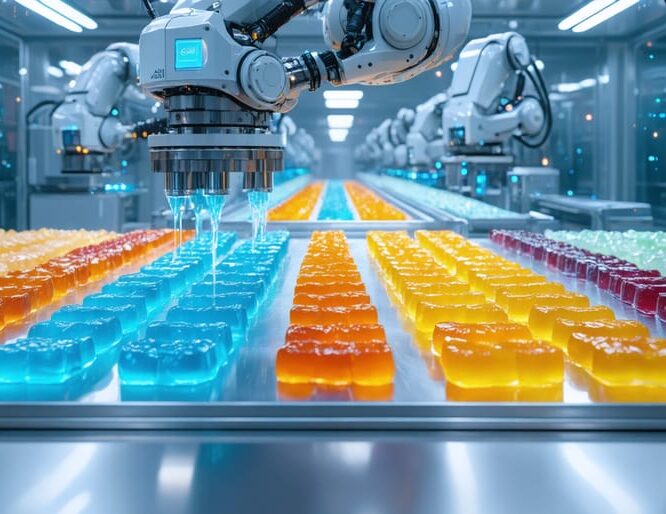 Futuristic assembly line with advanced machinery crafting CBD gummies, showcasing the impact of technology on production processes.