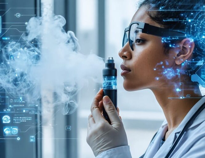 Futuristic collage illustrating the integration of vaping technology with healthcare innovations, featuring smart inhalers, vaccine delivery systems, and biometric monitoring, emphasizing technology's potential in transforming health and wellbeing.