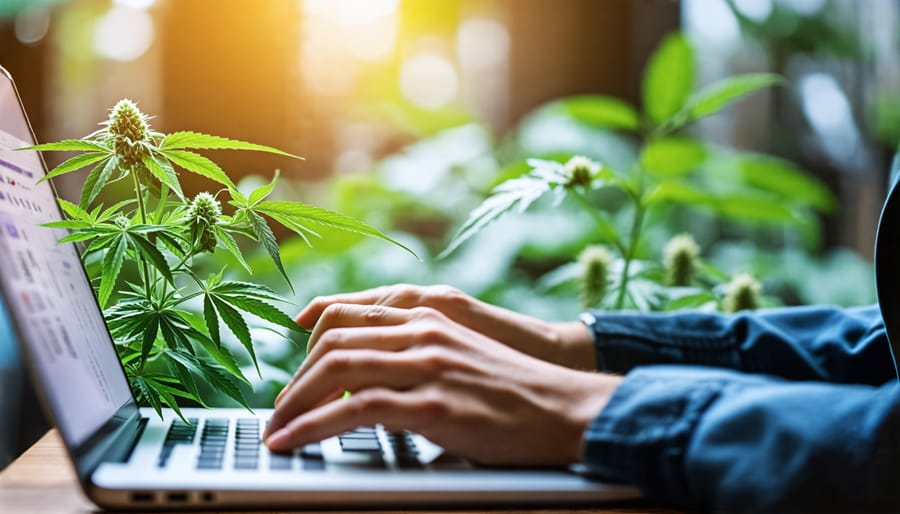 Digital marketer reviewing cannabis industry trends using a laptop with cannabis graphics on screen