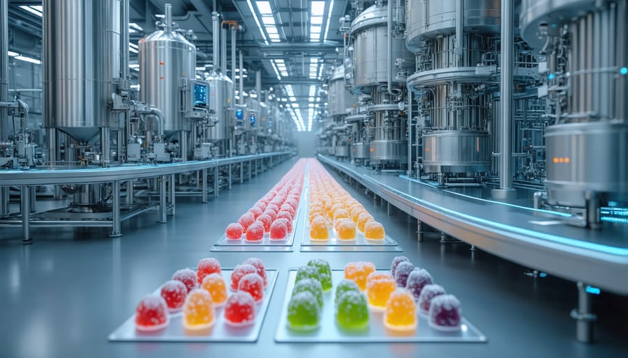 Advanced machinery in a factory line for producing CBD gummies